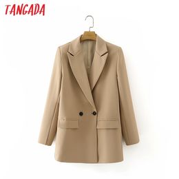 Tangada Women Khaki Blazer Coat Vintage Notched Collar Pocket Fashion Female Casual Chic Tops DA02 220707