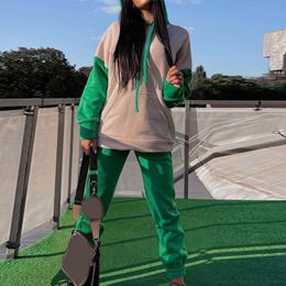 Women's Two Piece Pants Casual Women Vintage Hoodie Sets Drawstring Color Matching Sweatshirt And Elastic Pant Suit Autumn Thickened Tracksu