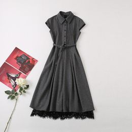 2022 Fall Autumn Sleeveless Lapel Neck Grey Solid Color Belted Panelled Mid-Calf Dress Elegant Casual Dresses 22G032345 Plus Size XXL