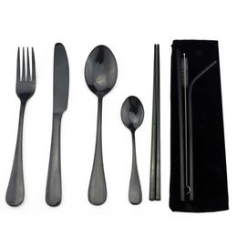 Dinnerware Sets High Grade 18/8 Stainless Steel Cutlery Set Black Tableware Knife Fork Teaspoon Chopsticks Straws Pouch SetDinnerware