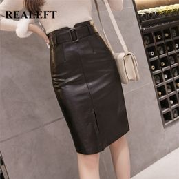 REALEFT Autumn Winter OL Elegant Pencil Midi Skirts High Waist Black PU Leather Split Sheath Wrap with Belt Female 220401