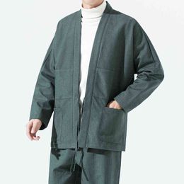 2022 Men Fleece Chinese Style Linen Jacket Men Thick Wool Hanfu Male Cotton Retro Kung Fu Kimono Cardigan M-3XL L220706
