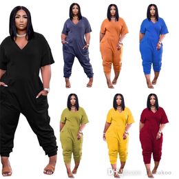 Summer Women Jumpsuits Designers Tracksuits Plus Size Clothes Fashion Short Sleeve Rompers V Neck Long Onesies One Piece Pants
