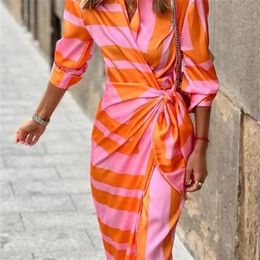 Spring Summer Fashion Print Dress Blouse Neck Tie Mid Length Striped Skirt Casual Comfortable Street Womens Wear Dresses Robe 220811