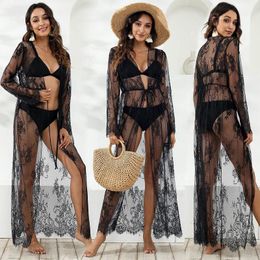 Women's Swimwear Women Swimsuit Cover Up Sleeve Kaftan Beach Tunic Dress Robe De Plage Lace See Through Cover-ups BeachwearWomen's