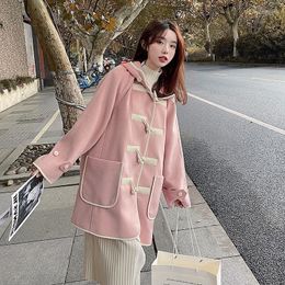 Women's Wool & Blends 2022 Winter Japanese Simple Solid Color Double Row Wooden Buckle Thickened Warm Hooded Ox Horn Overcoat Coat