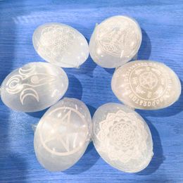 Decorative Objects & Figurines Natural White Selenite Palm Hand Oval Healing Reiki Stones Crystal Gypsum Quartz Engraving Symbols Witch Yoga