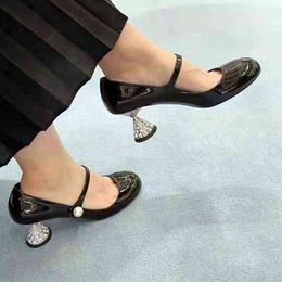miui home new 2024 Mary Jane one line with Rhinestone thick heel round head high heels female Bridesmaid shoes T2P2 miumiuss