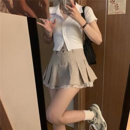 Skirts Pieces Sets Women Summer Fashion Elegant All-match Slim Crop Tops Female Pleated Lace Patchwork Leisure Ulzzang FitSkirts