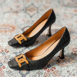 2022 Elegant Women 7.5cm High Heels Square Toe Pumps Designer Office Lady Beige Black Tacones Heels Formal Dress Wedding Shoes G220516
