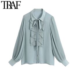 TRAF Women Fashion With Buttons Ruffled Blouses Vintage Pleated Long Sleeve Office Wear Female Shirts Blusas Chic Tops 210326