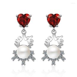 Stud Fashion Silver 925 Earring Sweet Temperament Red Love Heart Crystal Pearl Earrings For Women Wedding Jewelry GiftsStud Farl22