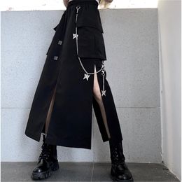 Spring Autumn Women Skirt Fashion Korean style Black Long Skirts with chain side slit Hip hop streetwear plus size 220322