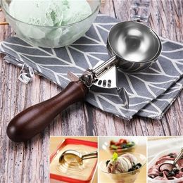 Stainless Steel Ice Cream Scoop with Wood Handle Cookie Spoon Kitchen Gadgets Sticks Potatoes Watermelon Fruit Tools 220509