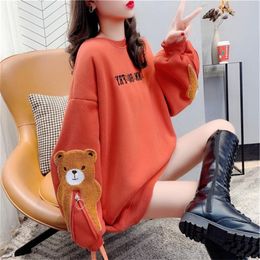 Women's Hoodies & Sweatshirts Autumn 2022 Women Long Sweatshirt Korean Cute Bear Embroidery Sleeve Crewneck Teen Girls Casual Baggy White To