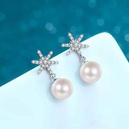 Dangle & Chandelier Trendy 8mm Freshwater Pearl Moissanite Snowflake Drop Earrings Women Jewellery 925 Sterling Silver Birthday GiftDangle