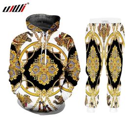 UJWI Luxury Golden 3D Print Men's Winter Jackets Suit Sports Button T-shirt Pants 2 Piece Outfits Tracksuit Men/women Set 201128