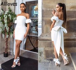 Modern White Satin Sheath Wedding Dresses With Removabla Bow Ribbon Puff Short Sleeves Bridal Gowns Mini Little White Dress Brides Second Reception Robes CL0527