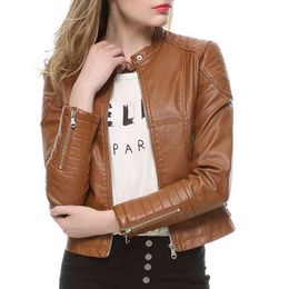 2021 Fashion Women Elegant Zipper Faux Leather Biker Jacket in Brown Black Slim Ladies Coat Casual brand Motorcycle Leather Coat L220728