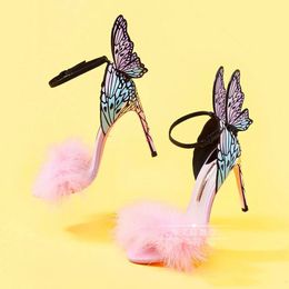 Sophia Webster Summer Winged Butterfly sandal Party Thin High Heeled Sandals 2022 Pink Fur Female Wedding Sandals Multi Colour Dress Prom Sandalias