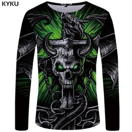 dragon skull t shirts Скидка Бренд череп футболка мужчины с длинным рукавом зеленые забавные рубашки бычьего головы рок дракон стрит одежды аниме япония мужская одежда