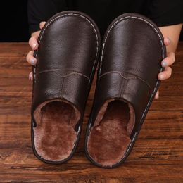 mens bedroom shoes Australia - Slippers WEH Winter For Men Leather Genuine Home Warm Plush Bedroom Unisex Women House Indoor Room Shoes Slides