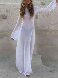 Women Sexy Backless See Through Long Dress Lady Chic Elegant Long Sleeves Beach Trasparent Dresses 2022 Summer Fashion Mesh Robe T220816