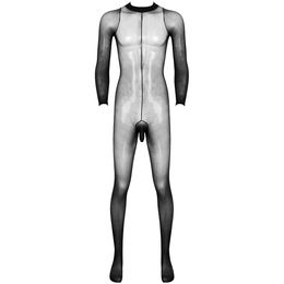 Sexy Catsuit Costumes Mens See Through Sheer Long Sleeves Open Penis Sheath Design Closed Toes Stretchy Body Pantyhose Tights Full Body Stocking