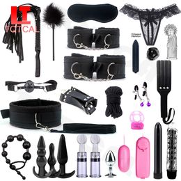 sexyy BDSM Kits Adults Toys For Women Men Handcuffs Nipple Clamps Whip Spanking Metal Anal Plug Vibrator Game Bondage Set
