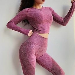 Energy Seamless 2pc Set Sports Long Sleeve Crop Top Yoga Leggings Quick Drying Fitness Active Suit Tracksuits for Women Fitness T200115