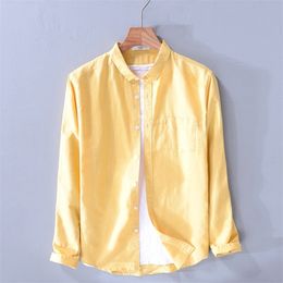 New arrival longsleeved brand shirt men fashion spring lemonyellow solid shirt mens casual flax breathable shirts male chemise T200319