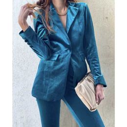 Women's Two Piece Pants 2022 Spring Women Suits 2 Fashion Outfit Blazer Flared Street Casual Set/Classic Elegant Solid Velvet Ladies Clothes