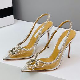 Designer Rhinestone Crystal Embellished PVC Sandals 100mm High Heel PVC Sandals Luxury Women's Dresses Ankle Cross Strap Fashion With Box 361