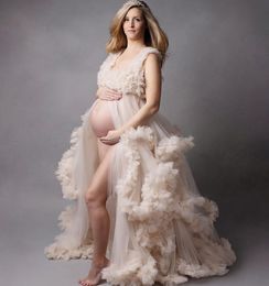 Luxury Ruffles Maternity Wraps Gowns for Photo Shoot Tiered Skirts Women Maternity Dresses Front Slit Wrap Cape Bathrobe Sleepwear