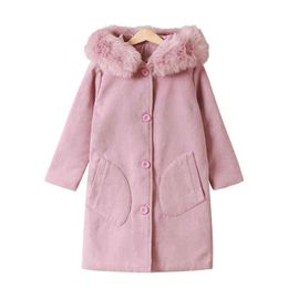 Girls Autumn And Winter Mid-Length Wool Hoodie Girl Solid Colour Girls Large Fur Collar Thick Warm Jacket J220718