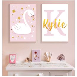 Wall Art Print Custom Name Posters Nordic Wall Art Pictures For Baby Girls Room Decoration Pink Swan Canvas Painting Nursery 220623