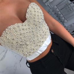 Sexy Top Women Pearl s Crop Push Up Corset Tank Beaded Backless White s 220318
