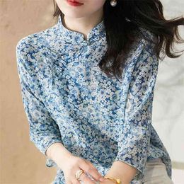 Chinese Style Women Spring Summer Chiffon Blouses Shirts Lady Casual Stand Collar Printed Chinese knot Collar Blusas Tops DD8952 210401