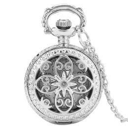 Pocket Watches Little Small Cute Exquisite Silver Hollow Flowers Quartz Watch Necklace Pendant Jewellery With 80cm Sweater Chain