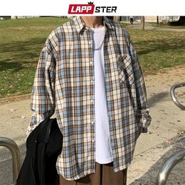 LAPPSTER Mens Harajuku Plaid Vintage Shirts Man Japanese Streetwear Pockets Long Sleeve Male Casual Button Up Shirt 220322