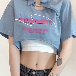 Sylcue Summer Sweet And Cool Girl Personality Chain Letter Print Irregular Short-Sleeved T-Shirt With Corset 2Two Set Women 220408