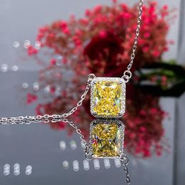 Chains Classic Rectangle Cut Yellow / Pink Zircon CZ Stone Pendant Necklace For Women Silver Colour Clavicle Chain Wedding Jewellery GiftChains