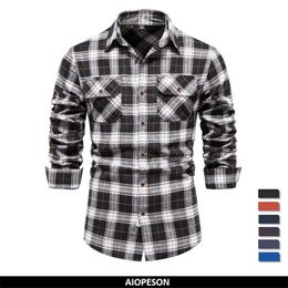 Men's Casual Shirts AIOPESON Double Pocket Flannel Men Plaid Shirts Long Sleeve Social Business Shirts for Men Autumn Fashion Chequered Shirts Men 230206
