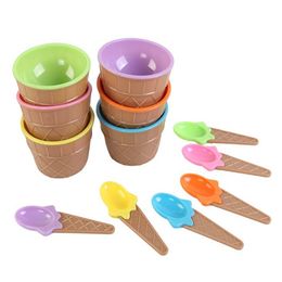 6Pcs Children Coloured Ice Cream Bowl + Cone Spoon Plastic Bowl Children's Party Tart Style Dessert Small Bowl Kitchen Accessorie 220408