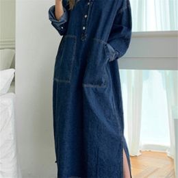 Women's Spring Autumn Casual Denim Shirt Dress Lady Long Sleeve Midi Jeans Vestidos Female Fashion Loose Outerwear Clothings 220317