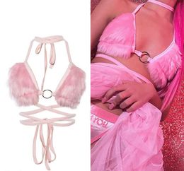 Women's Tanks & Camis Brand Womans Plush Sexy Lingerie Bra Solid Color Lace-Up Halter Backless Metal Ring Top Sex Toy For Pleasantness Pink