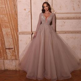 Pink Cute Mermaid Evening Dresses Deep V Neck Long Sleeves Lace Hollow Floor Length Train Lace Ruffles Beaded Appliques Sequins Beads Prom Dress Vestidos Festa
