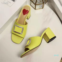 Classic Ladies Slide Sandals Designer Style Platform Open Toe Rubber Sole Slippers Summer Square Buckle Metal Diamond Dress Versatile