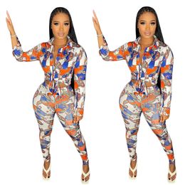 Fashion Women's Two Piece Pants Suits with chain painted Digital Printing Popular sexy Style 2 Pieces Suit Tracksuit Women Winter Outfits Women Clothing 7094-7097