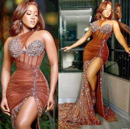 2022 Plus Size Arabic Aso Ebi Luxurious Mermaid Brown Prom Dresses Beaded Crystals Evening Formal Party Second Reception Birthday Engagement Gowns Dress ZJ477